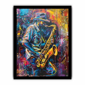 Neon saxophone player canvas art for music room or home bar decor.