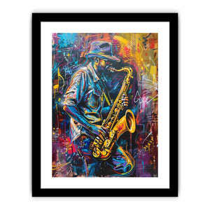 Neon saxophone player canvas art for music room or home bar decor.