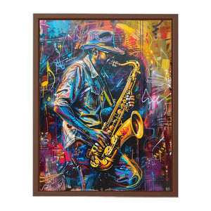 Neon saxophone player canvas art for music room or home bar decor.