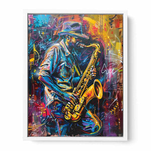 Neon saxophone player canvas art for music room or home bar decor.