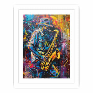 Neon saxophone player canvas art for music room or home bar decor.