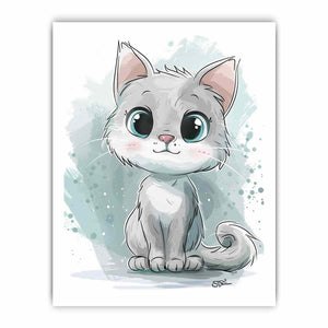 White cartoon kitten with blue eyes watercolor inspired digital illustration canvas art for modern home decor.