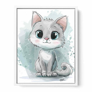 White cartoon kitten with blue eyes watercolor inspired digital illustration canvas art for modern home decor.