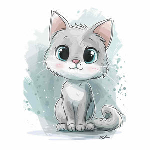 White cartoon kitten with blue eyes watercolor inspired digital illustration canvas art for modern home decor.