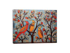 Colorful folk bird canvas art with trees and flowers for eclectic home decor.