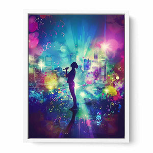 Singer silhouette against colorful music city maximalist music illustration canvas art for modern home decor.