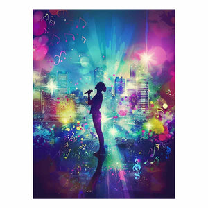 Singer silhouette against colorful music city maximalist music illustration canvas art for modern home decor.