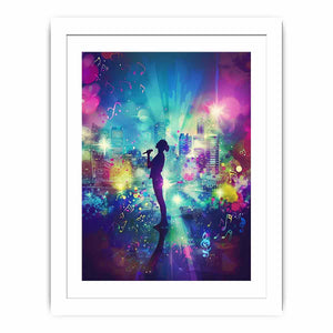 Singer silhouette against colorful music city maximalist music illustration canvas art for modern home decor.