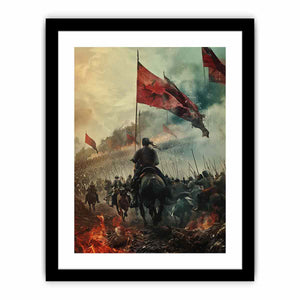 Epic cavalry battle with red flags historical fantasy realism canvas art for modern home decor.