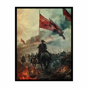 Epic cavalry battle with red flags historical fantasy realism canvas art for modern home decor.