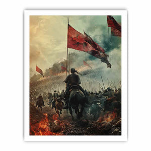 Epic cavalry battle with red flags historical fantasy realism canvas art for modern home decor.