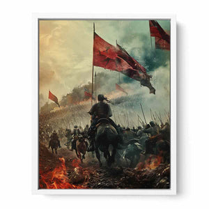 Epic cavalry battle with red flags historical fantasy realism canvas art for modern home decor.