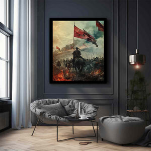 Epic cavalry battle with red flags historical fantasy realism canvas art for modern home decor.