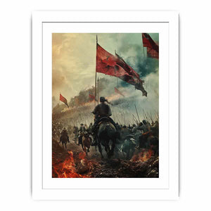 Epic cavalry battle with red flags historical fantasy realism canvas art for modern home decor.