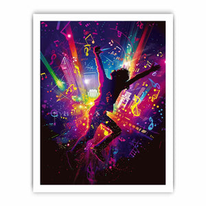Dancer silhouette in neon music scene pop art digital illustration canvas art for modern home decor.