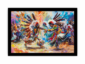 Vibrant indigenous inspired dancers in ceremonial dress expressionist cultural painting canvas art for modern home decor.