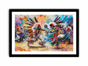 Vibrant indigenous inspired dancers in ceremonial dress expressionist cultural painting canvas art for modern home decor.