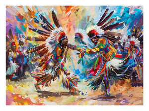 Vibrant indigenous inspired dancers in ceremonial dress expressionist cultural painting canvas art for modern home decor.