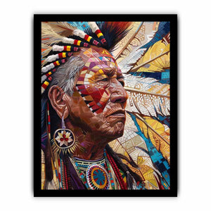 Detailed portrait with feathers and geometric face paint contemporary portrait illustration canvas art for modern home decor.