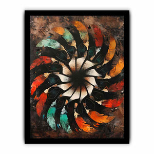 Abstract feather mandala on textured dark ground abstract boho pattern canvas art for modern home decor.