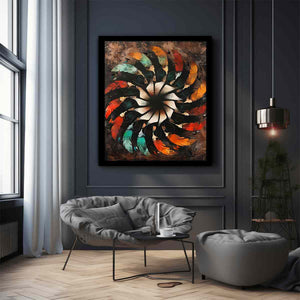 Abstract feather mandala on textured dark ground abstract boho pattern canvas art for modern home decor.
