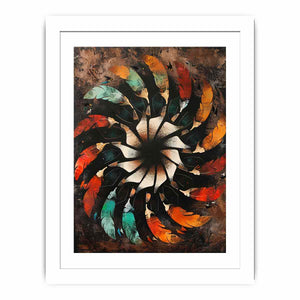 Abstract feather mandala on textured dark ground abstract boho pattern canvas art for modern home decor.