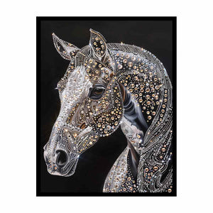 Black horse portrait with jeweled detailing glam equestrian artwork canvas art for modern home decor.