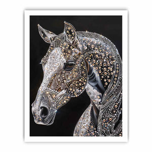 Black horse portrait with jeweled detailing glam equestrian artwork canvas art for modern home decor.