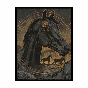 Black horse illustration with gold celestial circles art deco equestrian illustration canvas art for modern home decor.