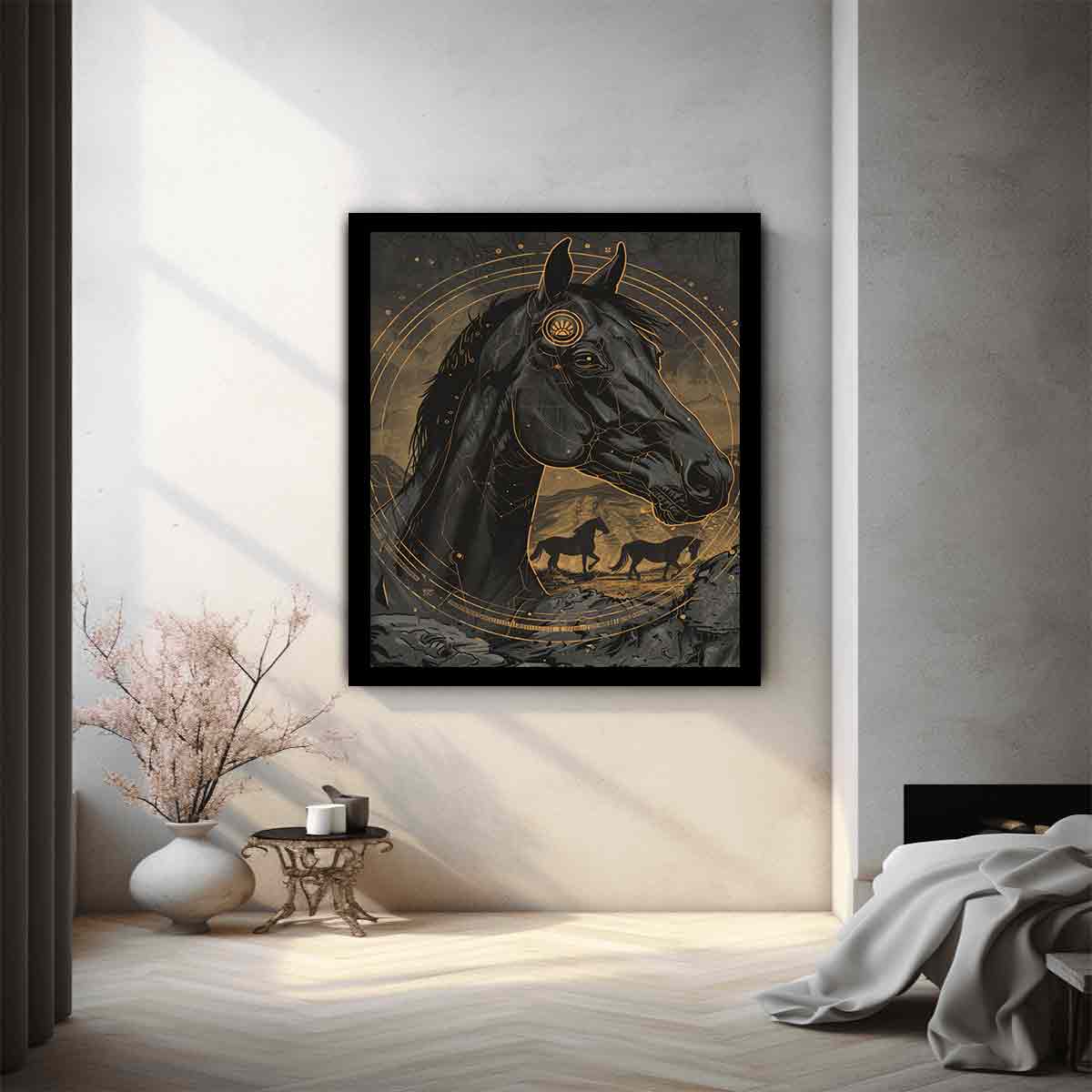 Black horse illustration with gold celestial circles art deco equestrian illustration canvas art for modern home decor.