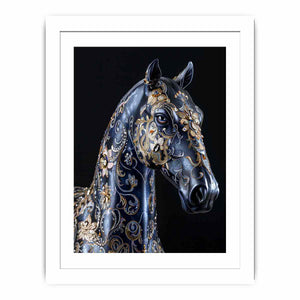 Blue black horse with gold floral ornament ornate glam equestrian art canvas art for modern home decor.
