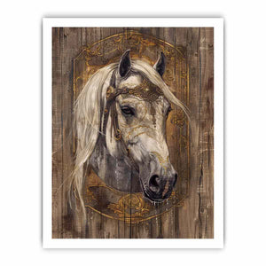 Ornate white horse portrait for modern living room decor with premium canvas art style.