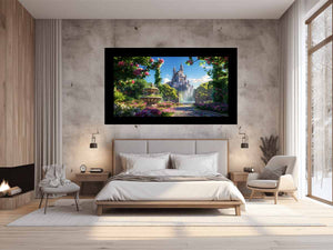 Enchanted castle fountain for modern living room decor with premium canvas art style.