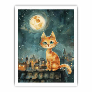 Orange cat watercolor wall art with moonlit rooftop scene for cozy bedroom or nursery decor.