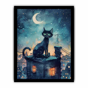 Black cat watercolor canvas art with crescent moon and rooftop city scene for magical bedroom decor.