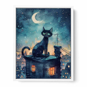 Black cat watercolor canvas art with crescent moon and rooftop city scene for magical bedroom decor.