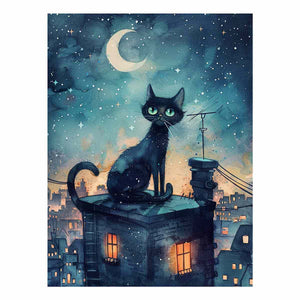 Black cat watercolor canvas art with crescent moon and rooftop city scene for magical bedroom decor.