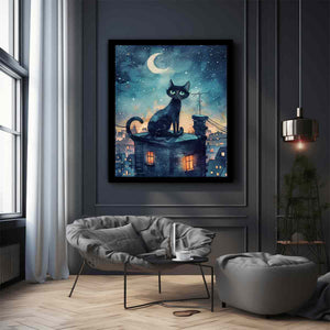 Black cat watercolor canvas art with crescent moon and rooftop city scene for magical bedroom decor.