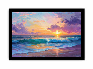 Colorful coastal sunset canvas art with ocean waves and pastel sky for modern living room decor.