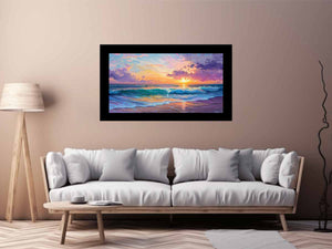 Colorful coastal sunset canvas art with ocean waves and pastel sky for modern living room decor.