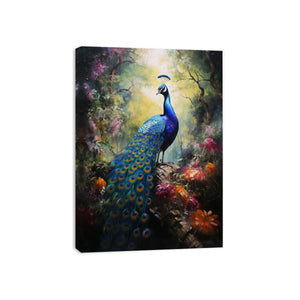 Moody peacock canvas art in a lush forest garden for luxury living room decor.