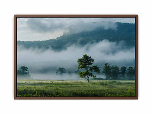 Misty mountain valley photography canvas with lone tree and fog for peaceful living room wall decor.