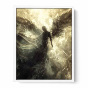 Ethereal angel canvas art with glowing wings and radiant light for spiritual bedroom or meditation decor.