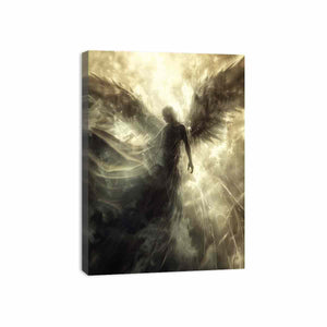Ethereal angel canvas art with glowing wings and radiant light for spiritual bedroom or meditation decor.