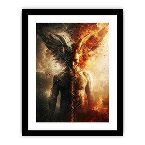 Dark fantasy winged figure canvas art with fire, smoke, and dramatic contrast for bold office decor.