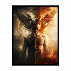 Dark fantasy winged figure canvas art with fire, smoke, and dramatic contrast for bold office decor.