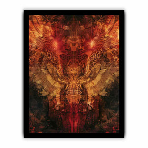 Abstract winged owl canvas art with red, copper, and gold details for dramatic modern wall decor.