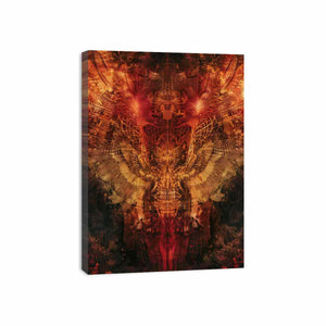 Abstract winged owl canvas art with red, copper, and gold details for dramatic modern wall decor.