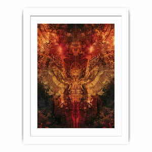 Abstract winged owl canvas art with red, copper, and gold details for dramatic modern wall decor.