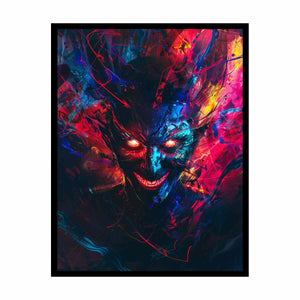 Neon demon face canvas art with glowing eyes and abstract graffiti energy for bold studio wall decor.